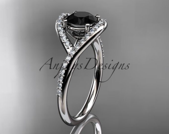 Solitaire Black Diamond Engagement Ring 14k White Gold Art Deco Unique Bridal Promise Ring For Her