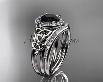 Halo Black Diamond Wedding Ring Set 14k White Gold Designer Celtic Knot Engagement Gift For Her