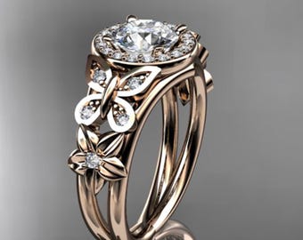 1 Carat Round Lab Grown VS1 Diamond Ring 1 CT Round Diamond Butterfly Engagement Ring Nature Inspired Flower Ring 14k Rose Gold