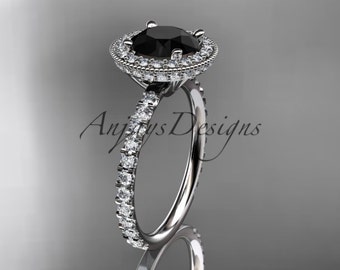 Black Diamond Round Halo Wedding Ring Solid Gold 14k Art Deco Engagement Ring For Her