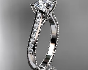 1 Carat Round Lab Grown Diamond Ring 14k White Gold Solitaire Diamond Ring 1 CT Engagement Ring Side Stone Ring for Her