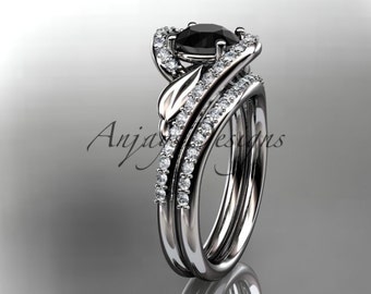 Platinum Diamond leaf and vine Wedding Ring Engagement set Black Diamond