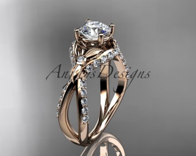 Unique 14k Rose Gold Nature Inspired Engagement Ring 1 CT Lab Grown Diamond Leaf Twisted Ring IGI Certified
