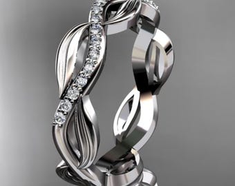 Nature Inspired Wedding Band 14k White Gold Stacking Ring Lab Grown Diamond Leaf and Vine Floral Band