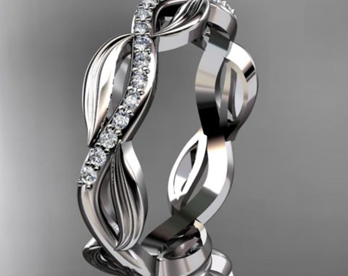 Nature Inspired Wedding Band 14k White Gold Stacking Ring Lab Grown Diamond Leaf and Vine Floral Band