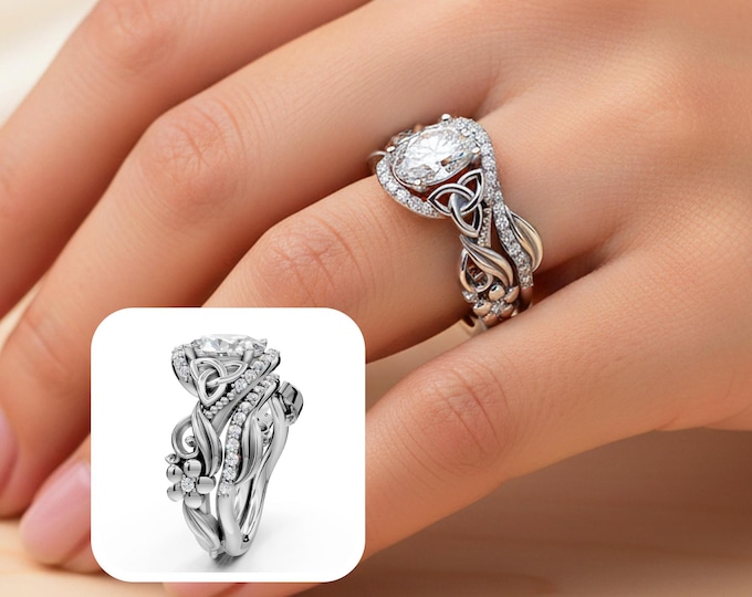 Celtic Engagement Ring Set 14k White Gold 1.5 Carat Oval Lab Grown Diamond IGI Certified Bridal Set