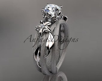 Moissanite Engagement Ring Platinum Engagement Ring Diamond Floral Ring Leaf and Vine Wedding Ring Engagement Ring Moissanite Ring