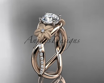 Flower Design White Sapphire Engagement Ring Unique 1 Carat Sapphire Ring 14k Rose Gold Ring