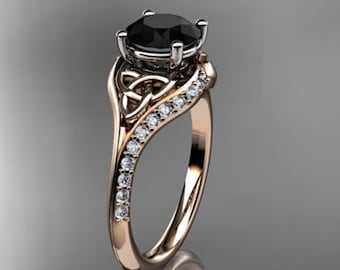 Black Diamond Celtic Engagement Ring 14k Rose Gold Trinity Knot Wedding Ring Dainty Minimalist Ring