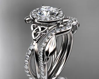 Nature Inspired Engagement Set 1 Carat Lab Grown Diamond Celtic Ring 14k White Gold IGI Certified