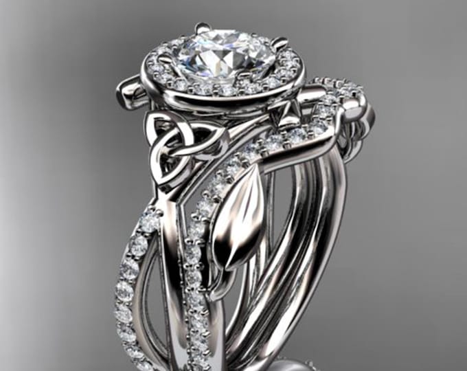 Nature Inspired Engagement Set 1 Carat Lab Grown Diamond Celtic Ring 14k White Gold IGI Certified