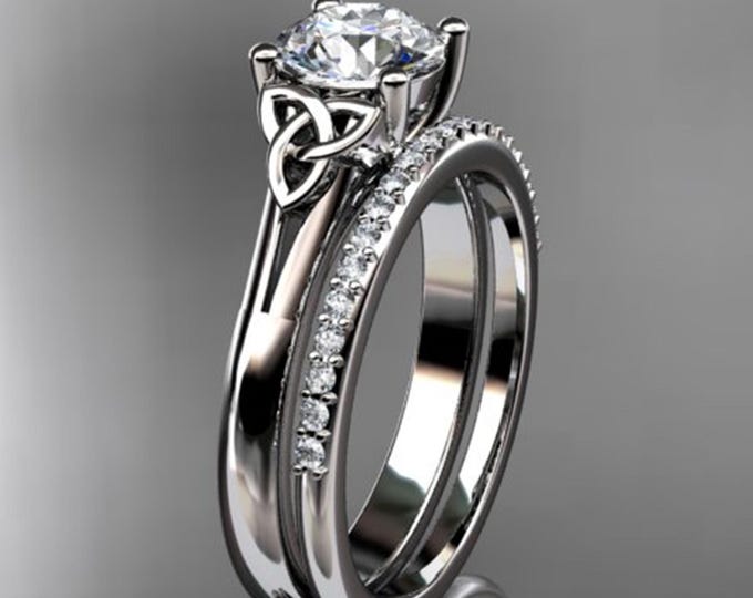 Celtic Trinity Knot Engagement Set 14k White Gold Triquetra Irish Ring