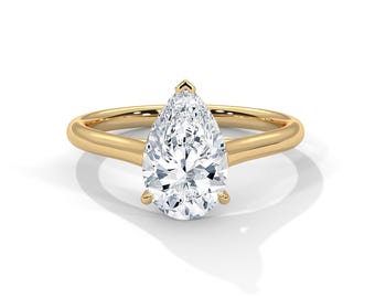 2 Carat Pear Cut Lab Grown Diamond Solitaire Ring Tear Drop Diamond Engagement Ring Thin Dainty Ring 18k Yellow Gold Minimalist Ring
