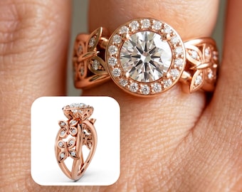 Butterfly Engagement Ring 1 Carat Round Lab Grown Diamond Ring 14k Rose Gold Nature Inspired Wedding Ring
