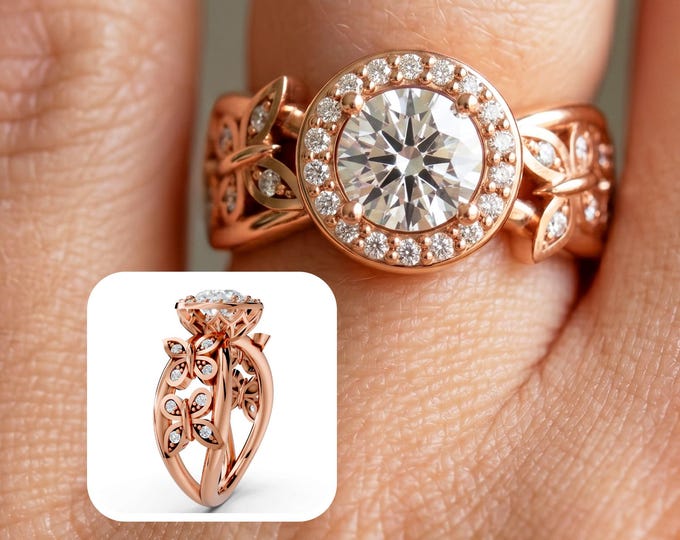 Butterfly Engagement Ring 1 Carat Round Lab Grown Diamond Ring 14k Rose Gold Nature Inspired Wedding Ring