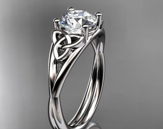 Celtic Trinity Knot Engagement Ring 1 Carat Moissanite Engagement Ring Round Brilliant Cut Set in 14K Solid White Gold