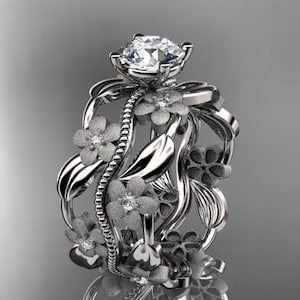 Nature Inspired Engagement Ring 14k White Gold Diamond Flower 1 Carat Lab Grown Diamond Anniversary Ring