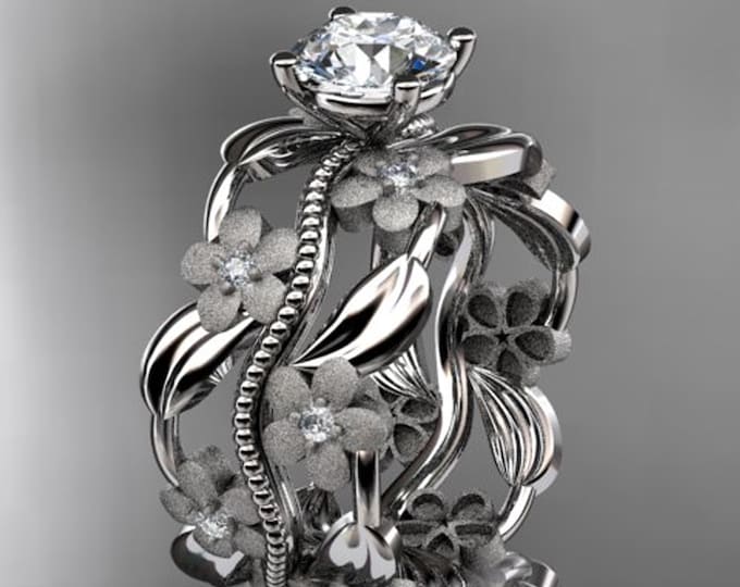 Nature Inspired Engagement Ring 14k White Gold Diamond Flower 1 Carat Lab Grown Diamond Anniversary Ring