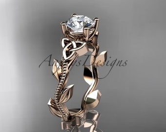 14k Rose Gold Leaf Vine Wedding Ring White Sapphire Celtic Engagement Ring