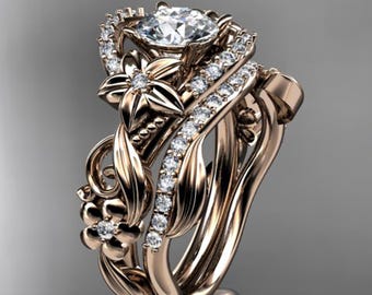 Nature Inspired Wedding Ring Set 1 Carat Round Lab Grown Diamond 14k Rose Gold Flower Leaf Bridal Set