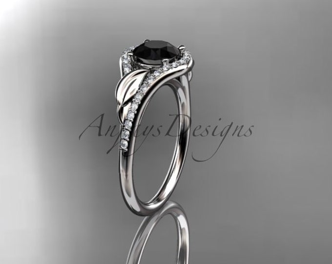 Black Diamond Engagement Ring 14k White Gold Leaf Nature Inspired Wedding Ring Anniversary Gift