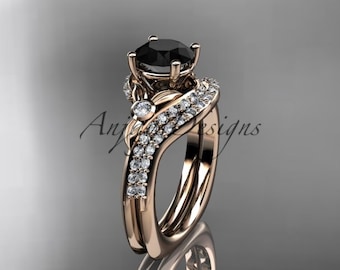 Black Diamond Wedding Ring Set For Women 14k Rose Gold Nature Inspired Leaf Engagement Ring Bridal Set For Her