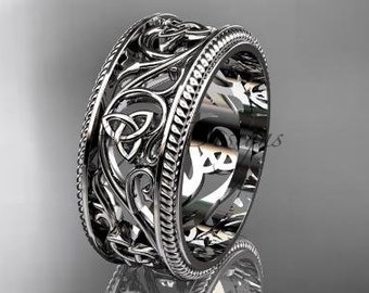 Leaf Wedding Band 14k White Gold Unique Handmade Celtic Anniversary Ring