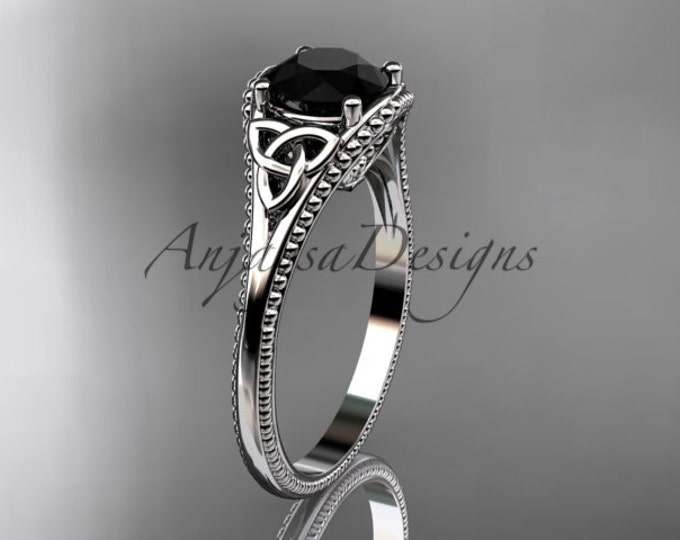 Celtic Engagement Ring 14k White Gold Black Diamond Unique Engagement Ring