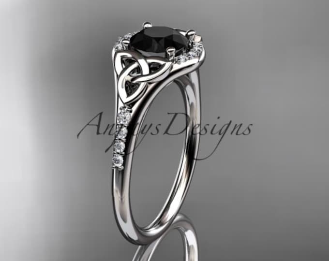 Black Diamond Irish Engagement Ring 14k White Gold Diamond Halo Celtic Wedding Ring For Her