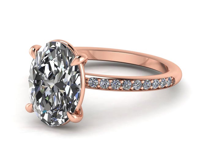 3 Carat Oval Cut Engagement Ring Oval Lab Grown Diamond Ring 14K Rose Gold Ring Minimal Ring Dainty Ring Pave Set