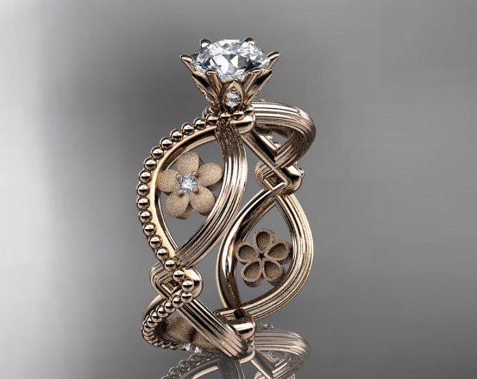 Unique Flower Engagement Ring 18k Rose Gold 1 Carat Lab Grown Diamond Nature Inspired Ring