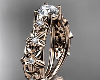 Flower Engagement Ring 1 Carat Round Lab Grown Diamond Ring 14k Rose Gold Nature Inspired Ring IGI Certified