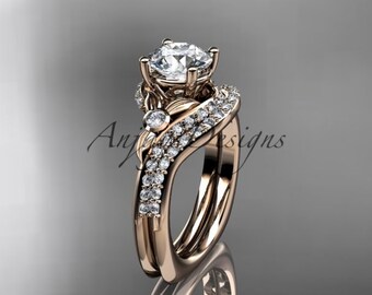 Simple Engagement Ring Diamond Ring 14kt Rose Gold Diamond leaf and vine Wedding Ring Engagement Ring Set