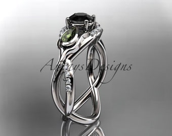 Unique Black Diamond Wedding Ring 14k White Gold Leaf Pear Peridots Engagement Ring