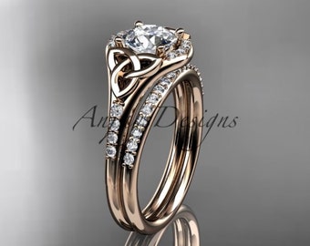 Celtic Engagement Ring Set 14k Rose Gold Wedding Ring Diamond Bridal Set Celtic Trinity Knot Wedding Ring Irish Engagement Ring