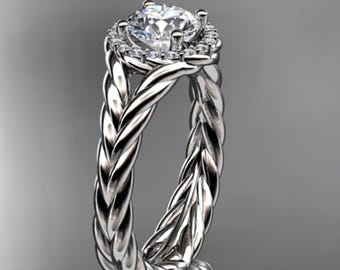 Halo Diamond Engagement Ring 14K White Gold Rope Wedding Ring 1 Carat Round Lab Grown Diamond IGI Certified
