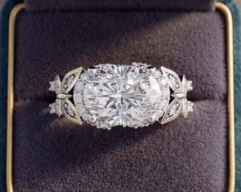 2 Carat Oval Lab Grown Diamond Ring Butterfly Oval Diamond Nature Inspired Engagement Ring 14k White Gold East to West Oval Diamond Ring