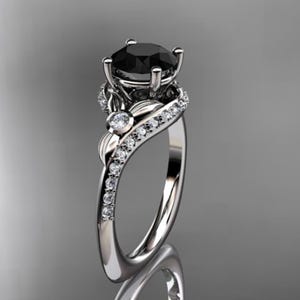 1 Carat Round Black Diamond Leaf Engagement Ring Nature Inspired Ring in 14k White Gold Dainty Wedding Ring