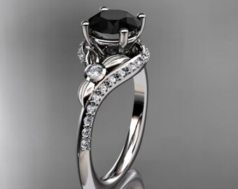 1 Carat Round Black Diamond Leaf Engagement Ring Nature Inspired Ring in 14k White Gold Dainty Wedding Ring