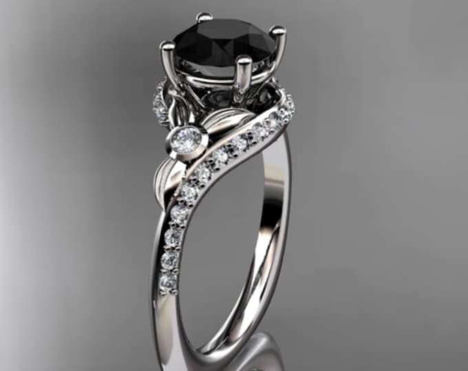 1 Carat Round Black Diamond Leaf Engagement Ring Nature Inspired Ring in 14k White Gold Dainty Wedding Ring