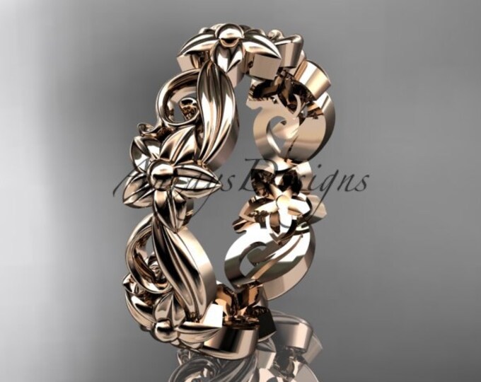 Nature Inspired Bridal Ring 14k Rose Gold Leaf and Flower Wedding band