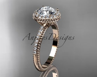 Round Cut Moissanite Halo Engagement Ring 14k Rose Gold Unique Forever One Bridal Wedding Rings Gift For Her