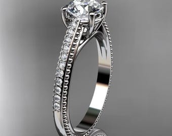 1 Carat Lab Grown Diamond Engagement Ring Round Brilliant CVD Diamond Ring 14K White Gold Minimalist Ring 4 Prong Milgrain Ring