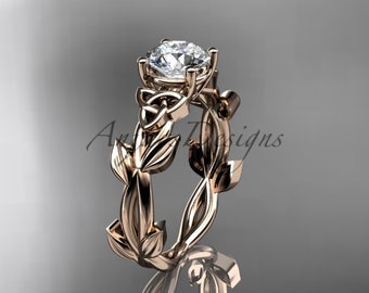 Unique Rose Gold 14k Celtic Engagement Ring Leaves Vine White Sapphire Wedding Ring Anniversary Gift