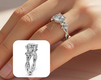 Nature Inspired Diamond Engagement Ring 14k White Gold Flower Wedding Ring 2 Carat Round Lab Grown Diamond