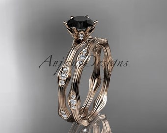Unique Handmade Thin Wedding Ring Set Black Diamond 14k Rose Gold Prong Set Engagement Set For Women