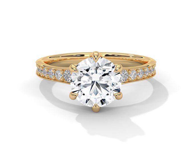 Round Cut 2 Carat Diamond Engagement Ring 6 Claw Prong Lab Grown Diamond IGI Certified Round Eternity Diamonds 14k Yellow