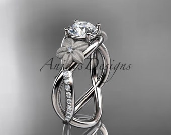 White Topaz Ring April Birthstone Nature Inspired Engagement Ring Diamond Flower Ring 14k White Gold
