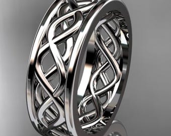 Mens Gold Celtic Wedding Band Solid 14k White Gold Celtic Knot Ring Unique Irish Wedding Ring