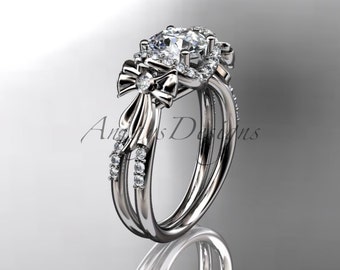 Moissanite Engagement Ring Bow Wedding Ring Platinum Diamond Unique Engagement Ring Wedding Ring